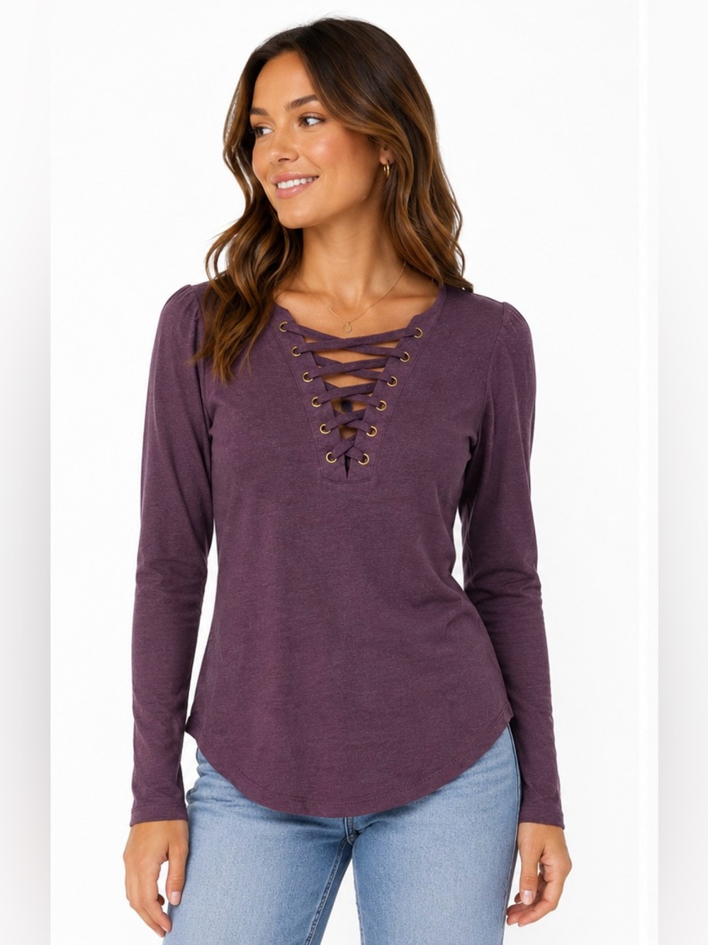 Pink Republic Lace-Up Long Sleeve Top XS Artisan Wine Burgundy Rayon Stretch